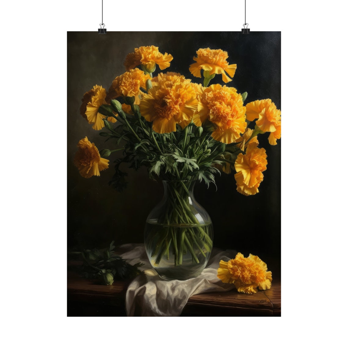 Golden Yellow Carnations Glass Vase Dark Still Life Flower Art Poster - Image 5