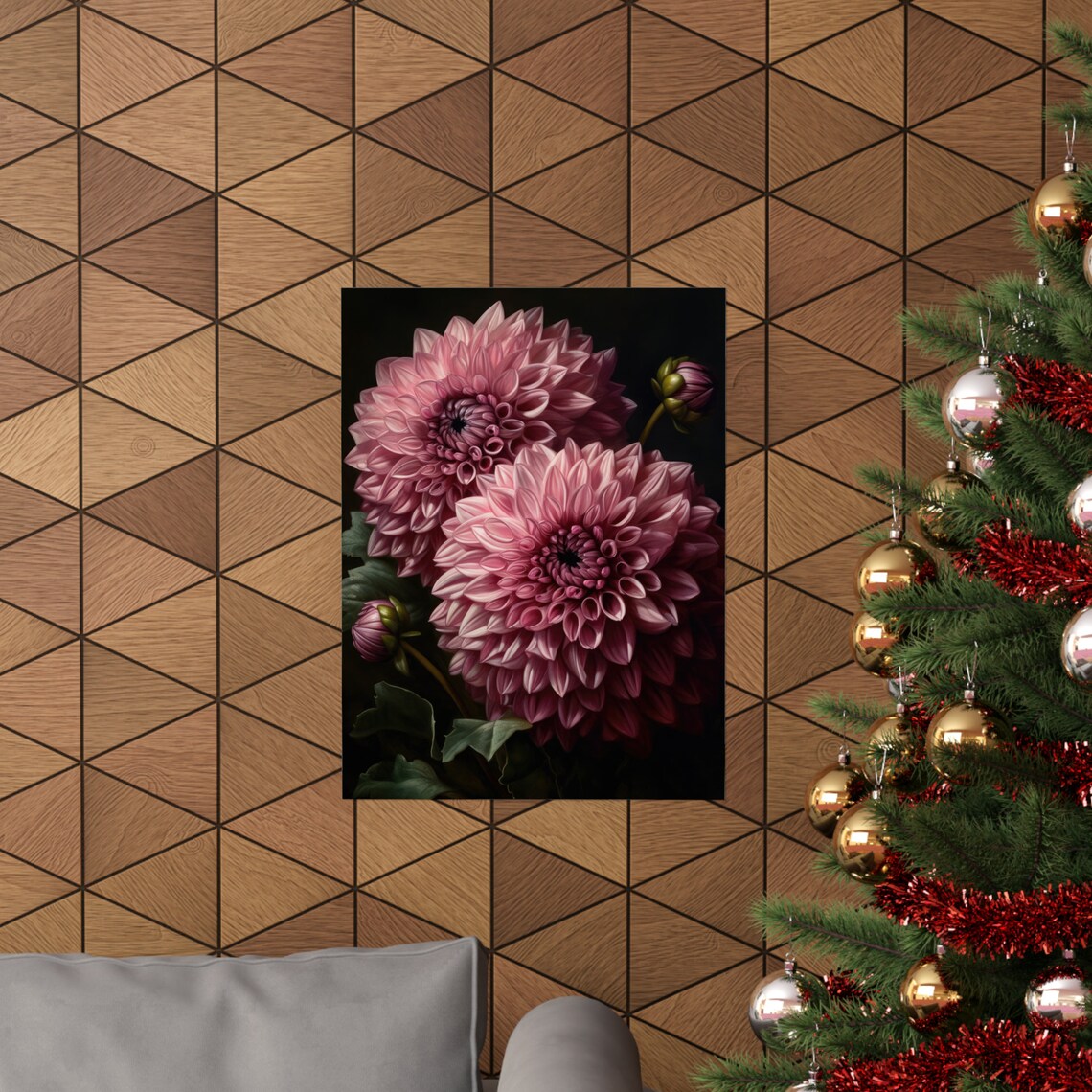 Pink Dahlia Blooms Close Up Dark Botanical Still Life Poster - Image 3