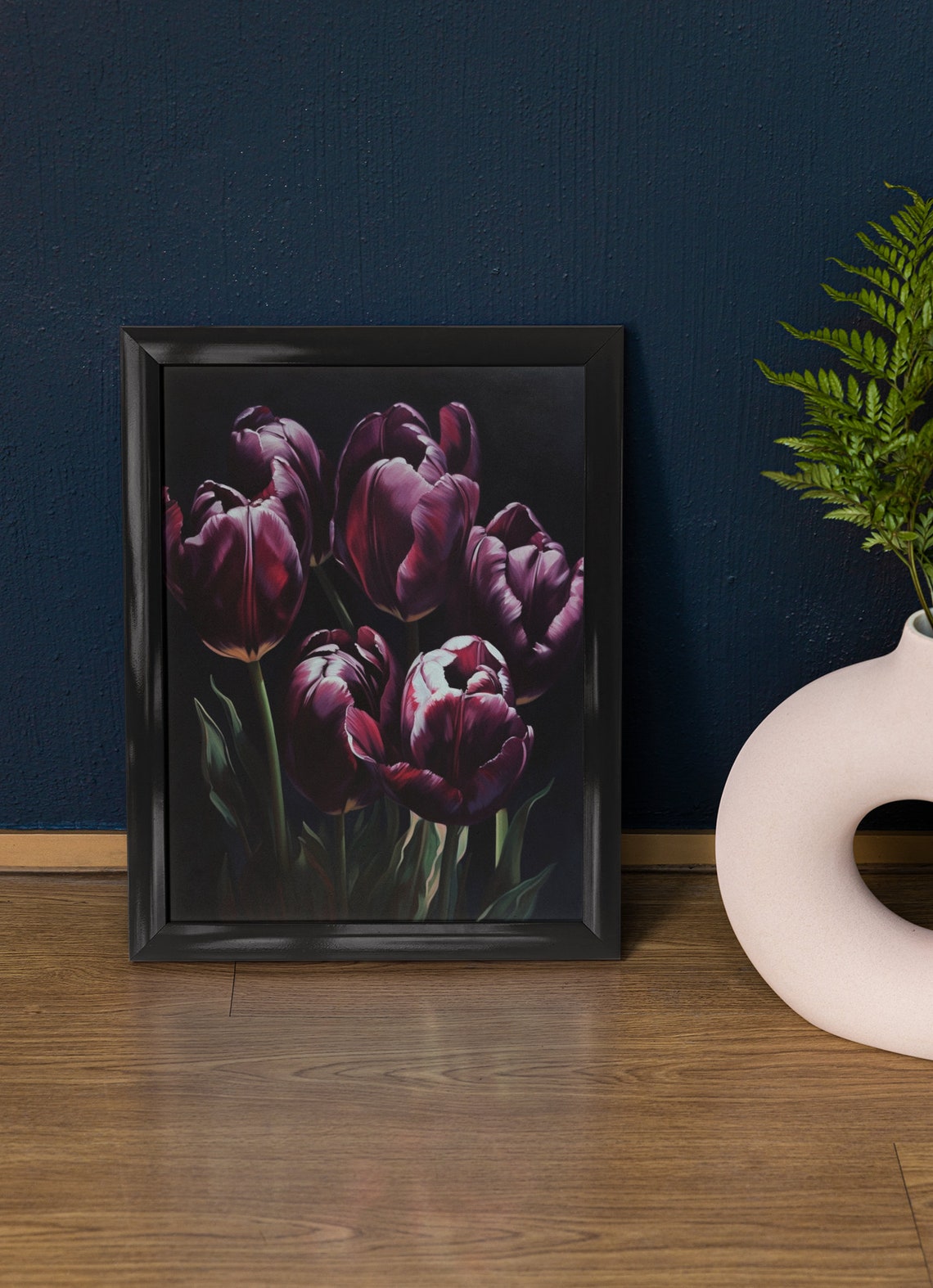 Black Purple Tulips Dark Moody Gothic Floral Oil Painting Print