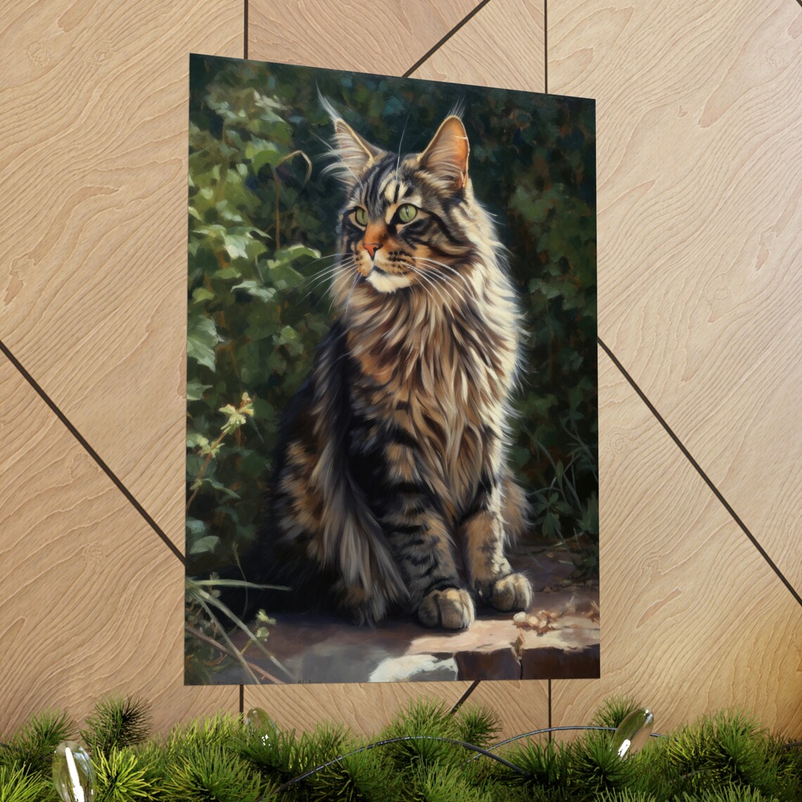 Maine Coon Cat Longhair Tabby Sitting By Garden Wall Sunlit Portrait Print - Image 2