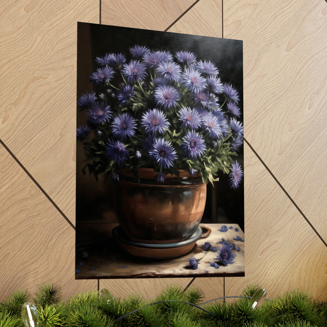 Blue Aster Blooms Bronze Pot Dark Moody Floral Still Life Poster - Image 2