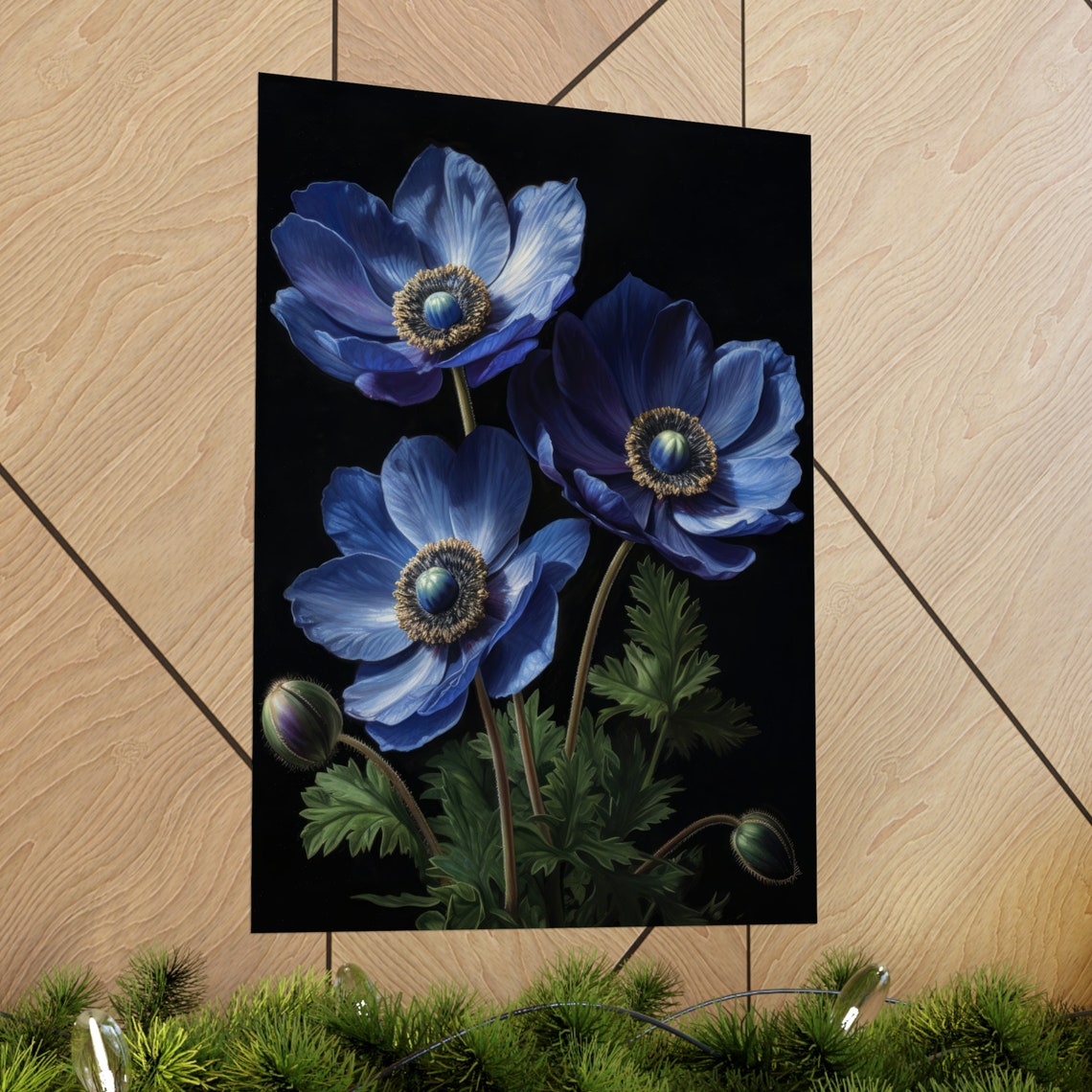 Blue Anemone Flowers Dark Background Moody Botanical Art Poster - Image 2