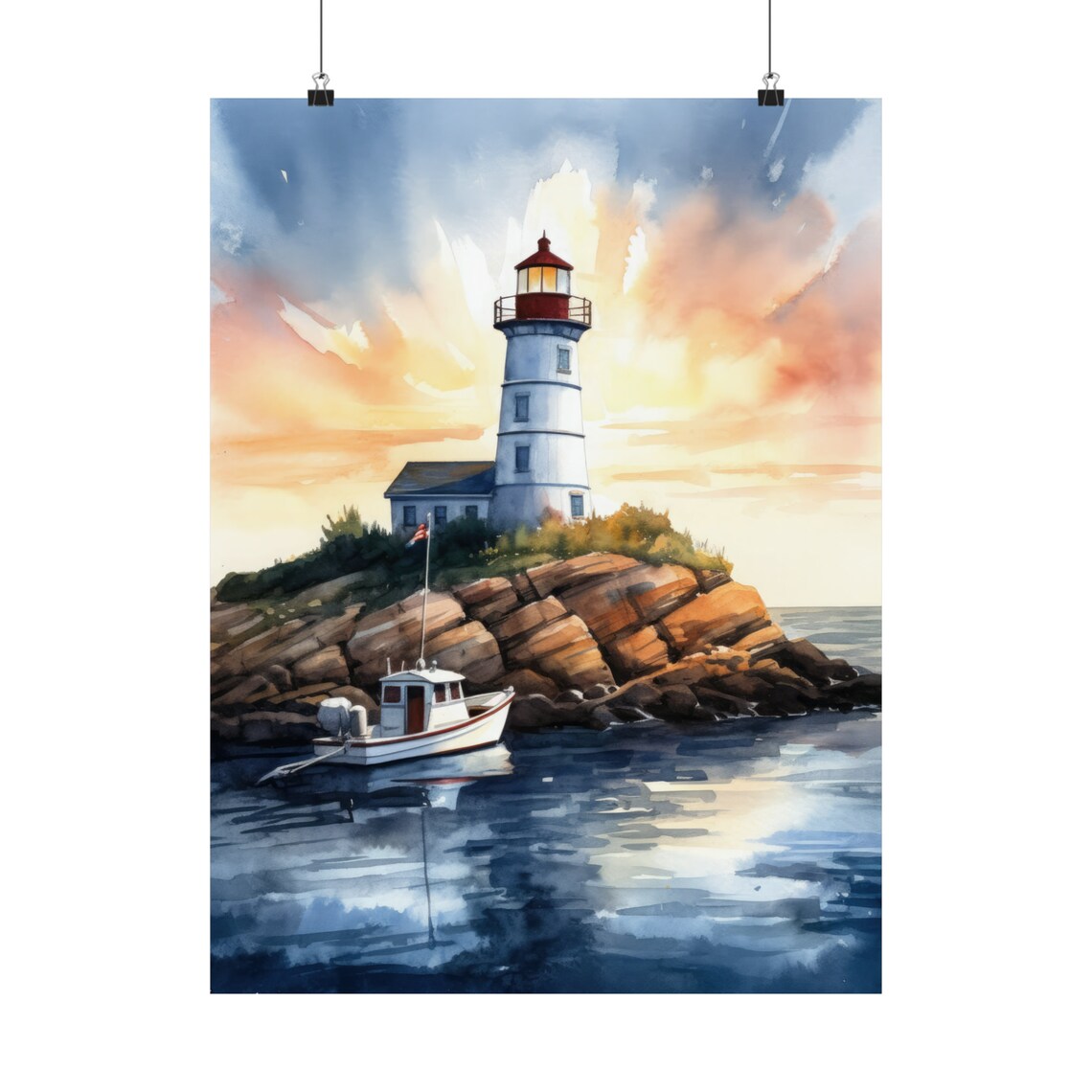 White Lighthouse Rocky Island Sunset Sailboat Watercolor Wall Art - Image 5