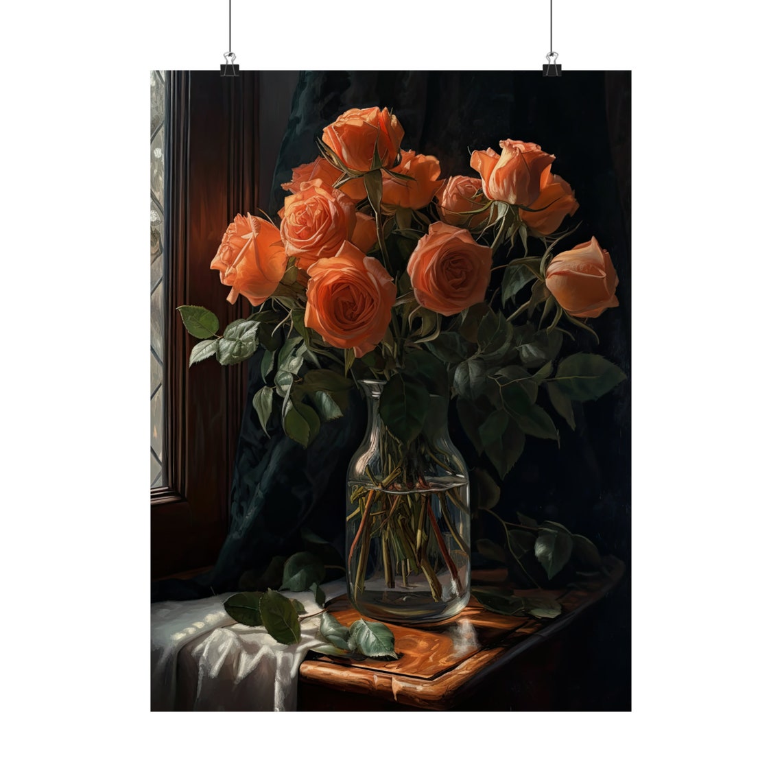 Orange Rose Bouquet Fiery Warm Blooms Dark Still Life Art Poster - Image 5
