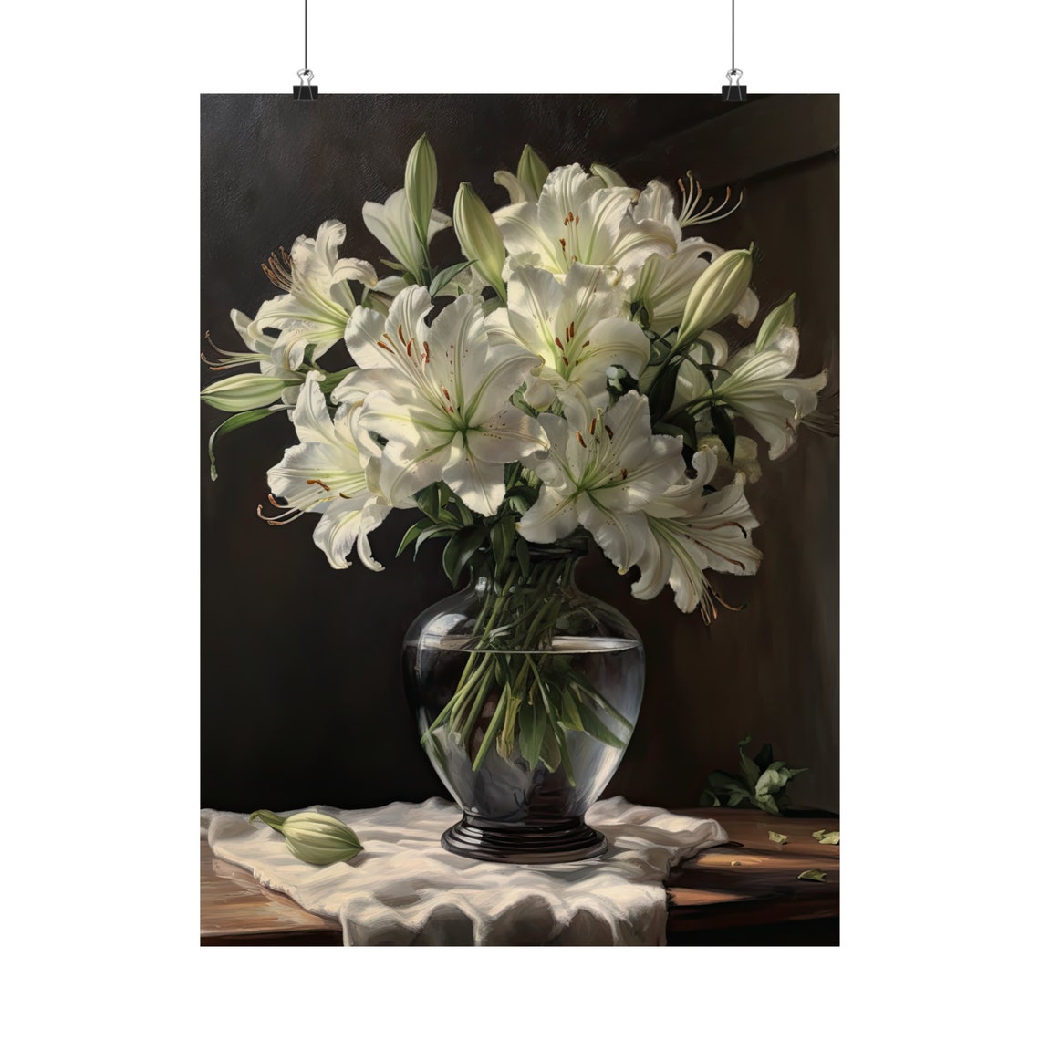 White Peruvian Lily Flowers Still Life Vase Linen Cloth Art Print - Image 5
