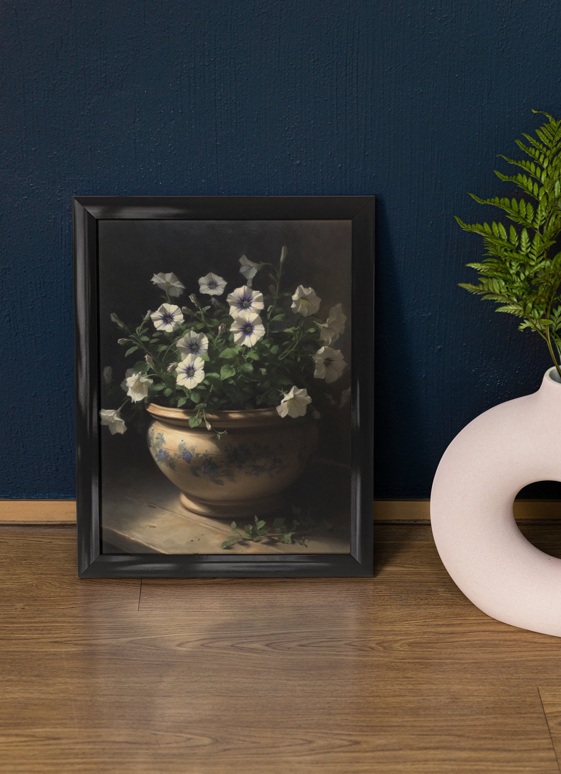 White Violet Center Petunias Decorative Pot Dark Moody Floral Poster