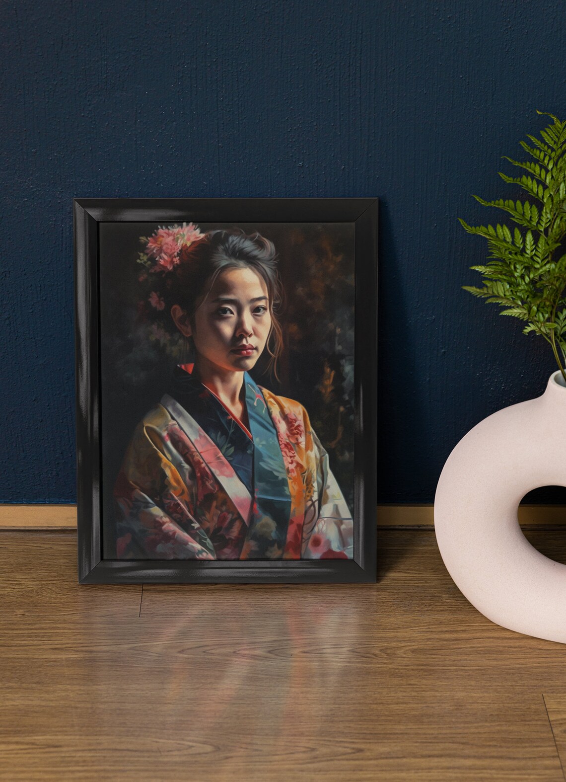Japanese Woman Colorful Floral Kimono Flower Hairpiece Portrait Poster