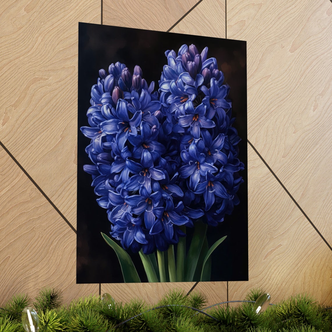 Indigo Blue Hyacinth Flower Heads Dark Moody Botanical Art Poster - Image 2