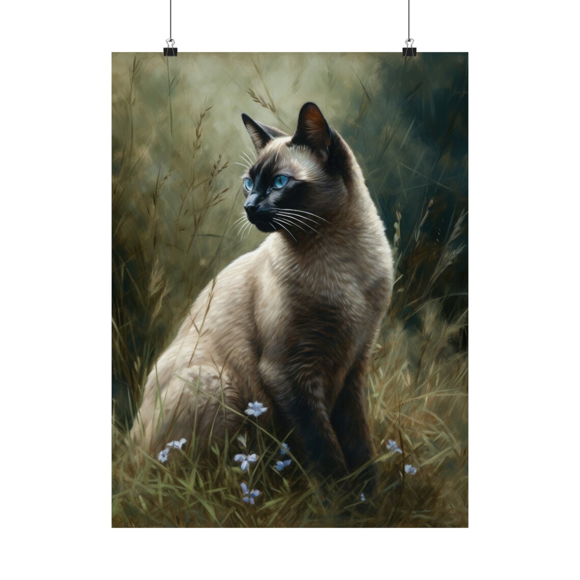 Tonkinese Cat Seal Point Shorthair Blue Eyes In Tall Grass Art Print - Image 5
