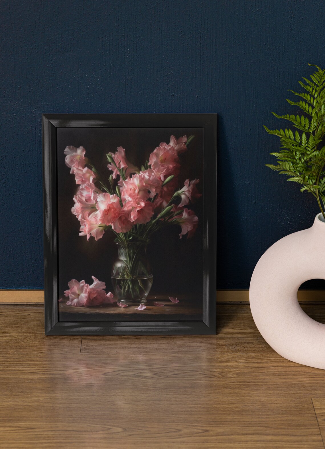 Blush Pink Gladiolus Glass Vase Dark Still Life Botanical Art Poster