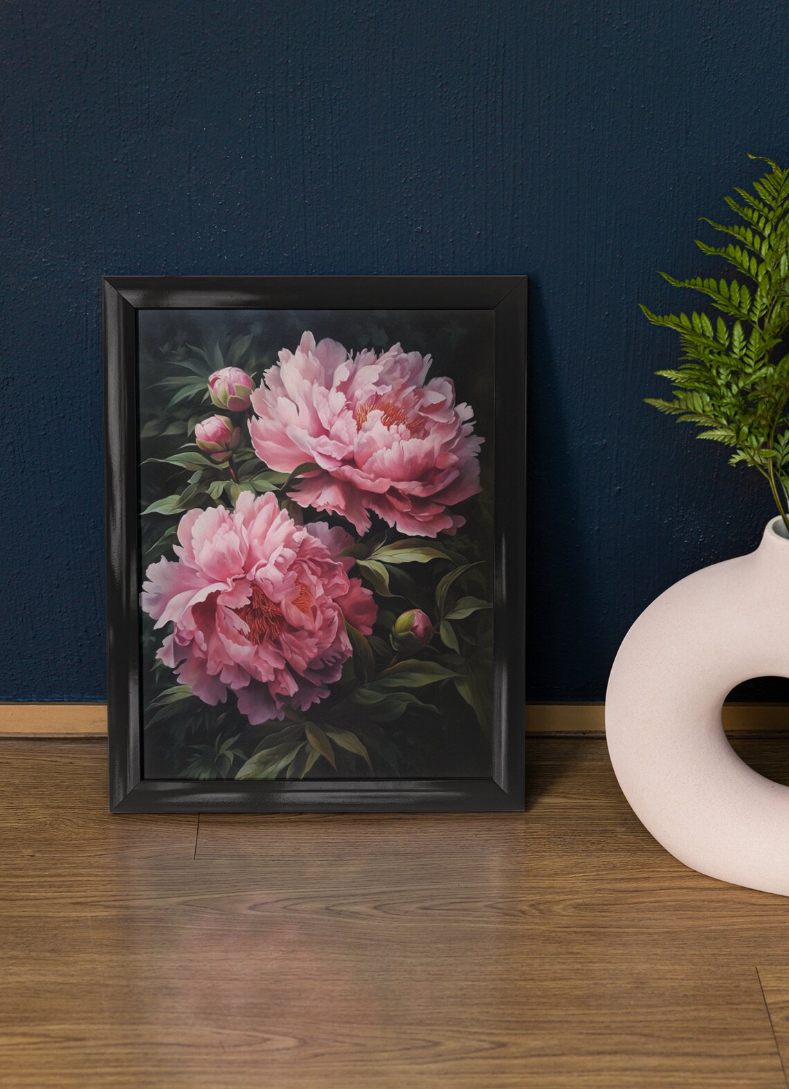 Pink Peony Blossom Blush Blooms and Buds Dark Botanical Art Poster