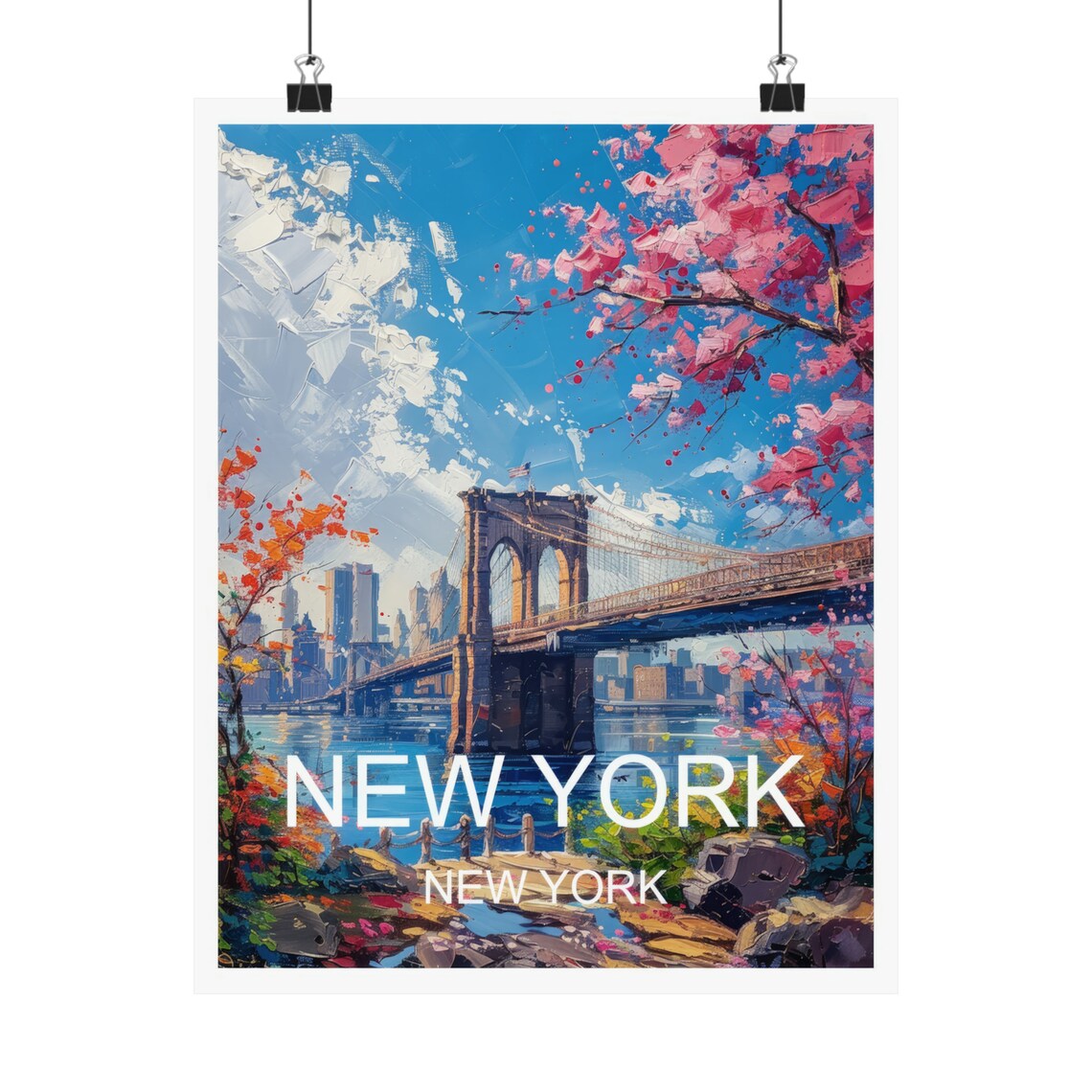 New York Brooklyn Bridge Cherry Blossom Skyline Travel Poster - Image 4