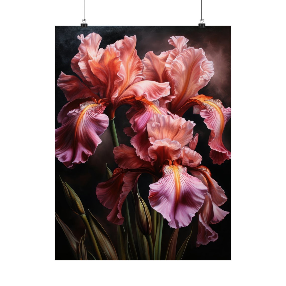 Pink Iris Blooms Soft Rose Dramatic Dark Floral Wall Art Print - Image 5