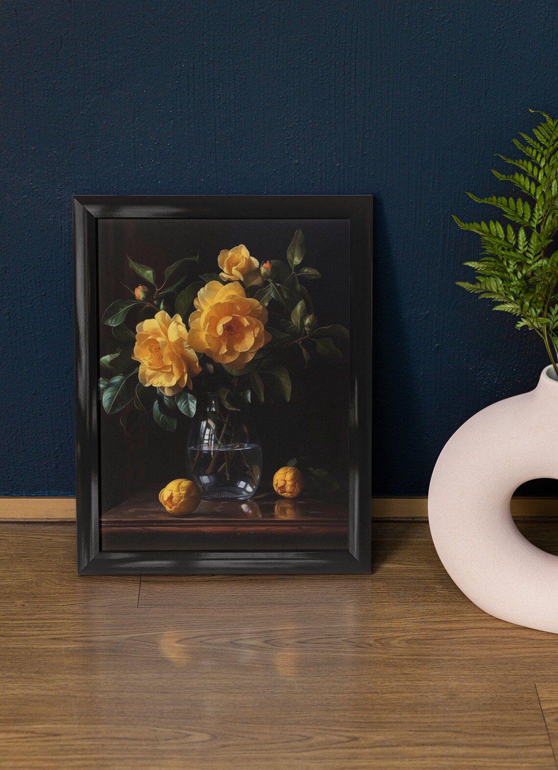 Yellow Camellia Blooms Dark Still Life Glass Vase Flower Art Print
