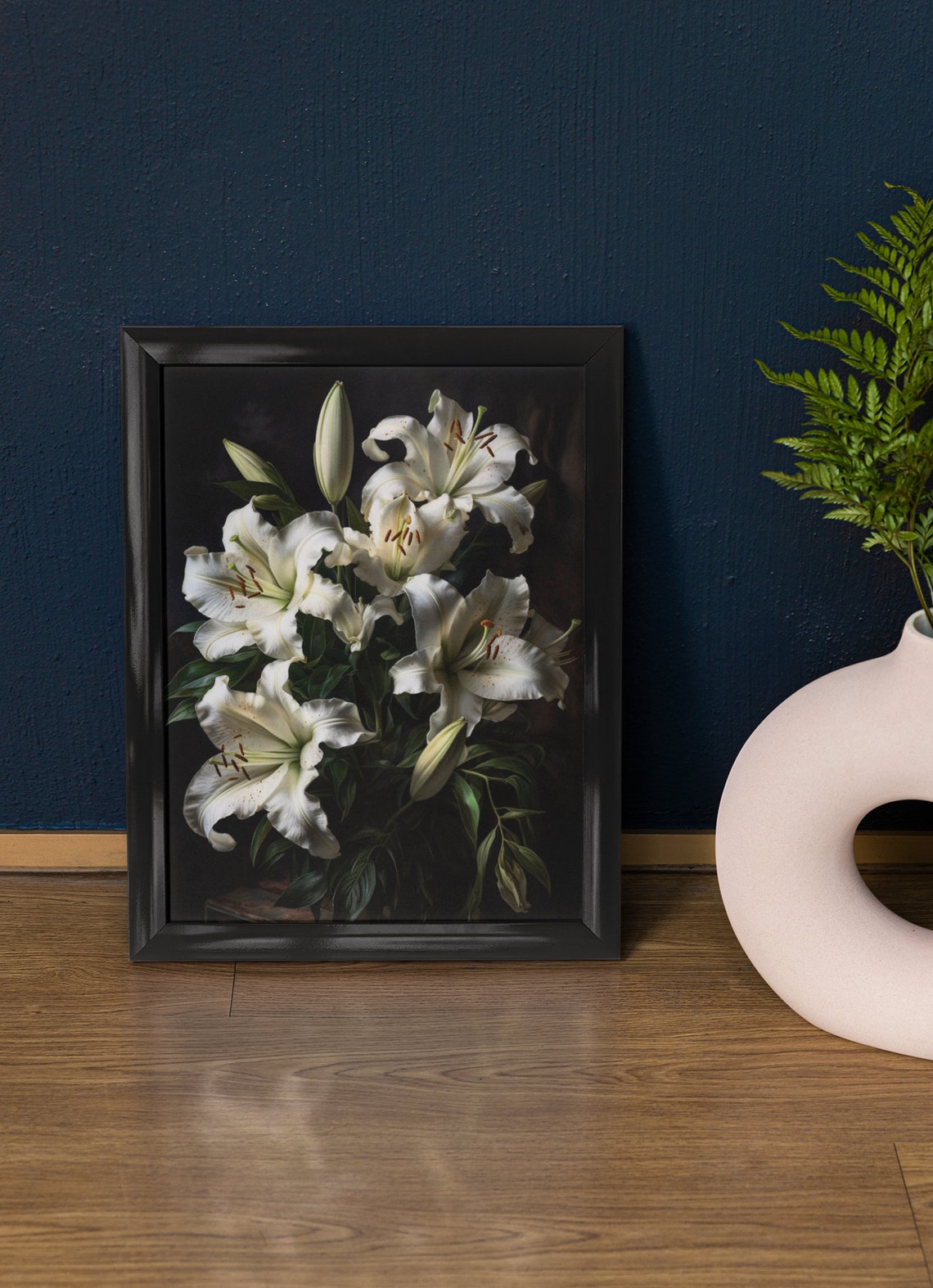 White Lily Blossoms Elegant Dark Botanical Floral Wall Art Print