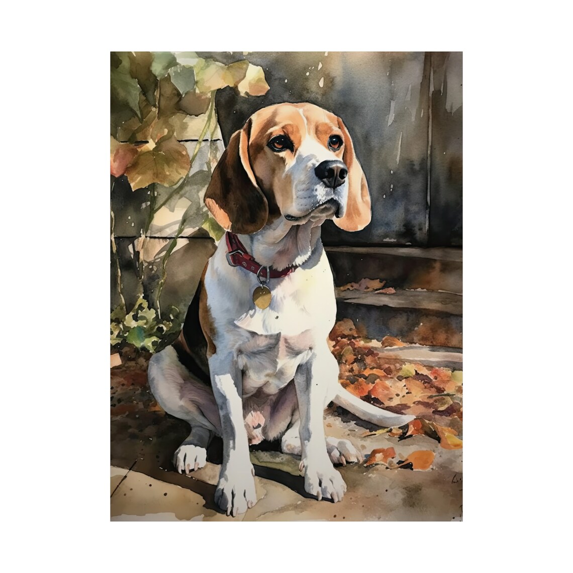 Beagle Dog Red Collar Autumn Watercolor Portrait Animal Wall Art Print - Image 4