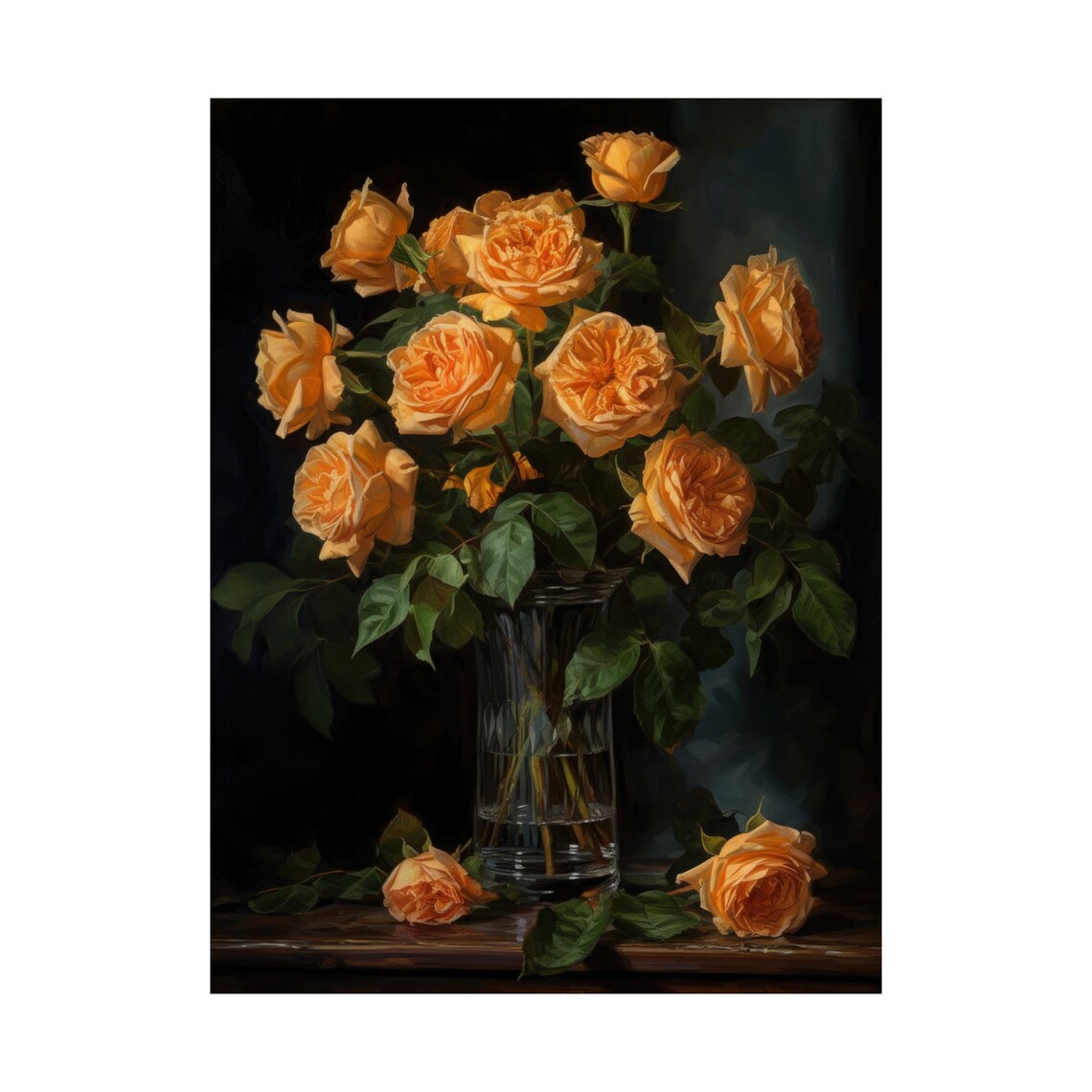 Orange Roses In Glass Vase Dark Background Still Life Art Print - Image 4