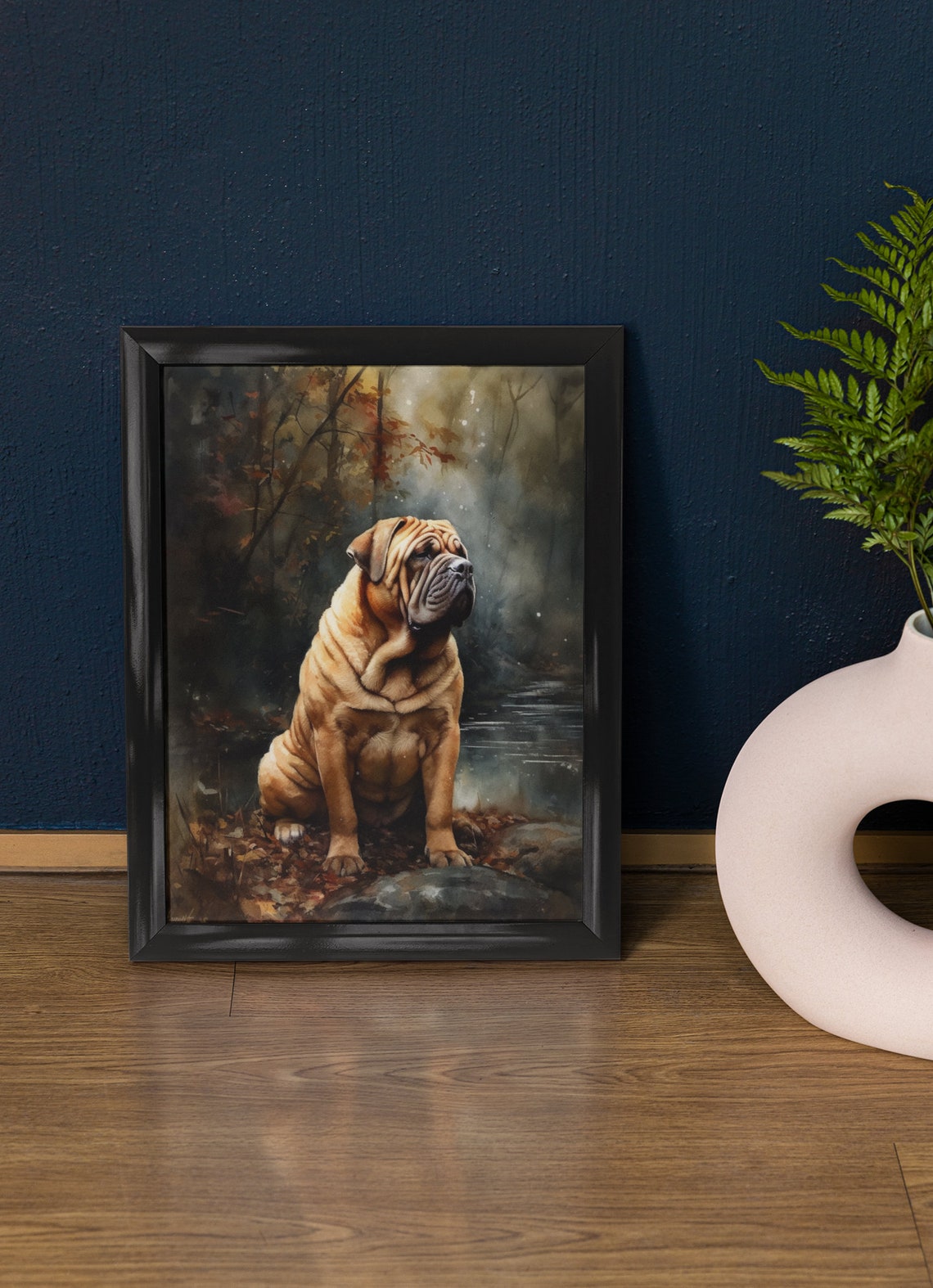 Chinese Shar Pei Sitting By Autumn Stream Wrinkled Fawn Coat Poster