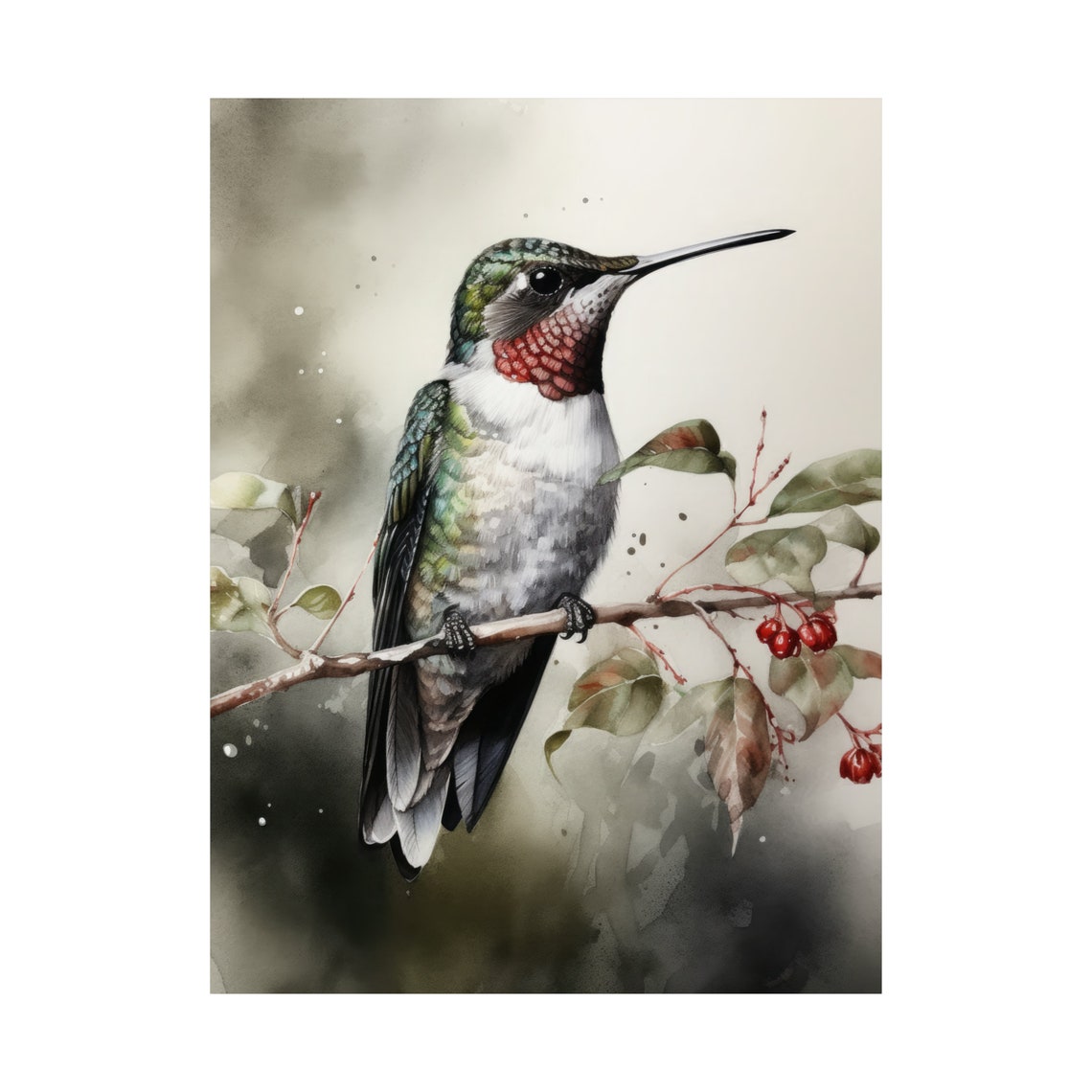 Ruby Throated Hummingbird Perched On Berry Branch Watercolor Poster - Image 4