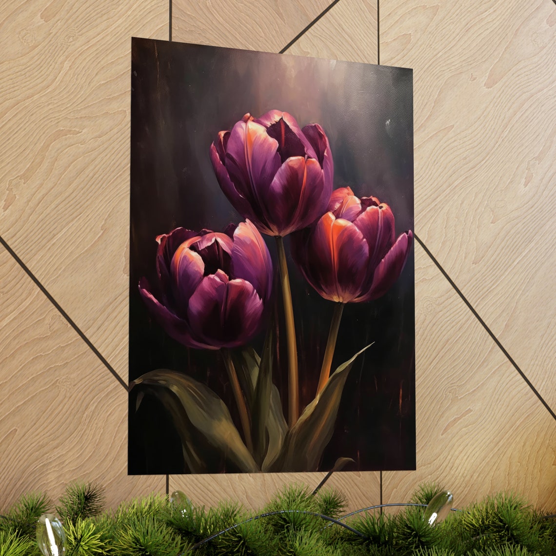 Three Purple Tulips Dramatic Spotlight Dark Moody Floral Wall Art - Image 2