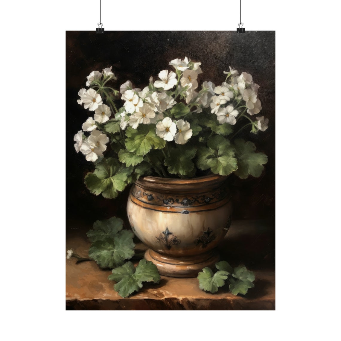 White Geranium Blooms Painted Ceramic Pot Dark Still Life Art Poster - Image 5