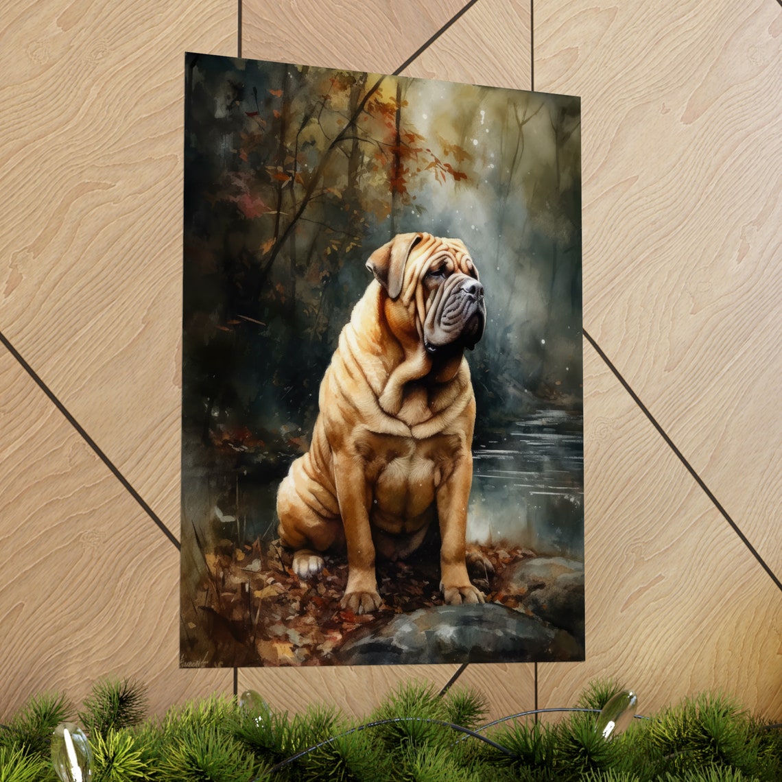 Chinese Shar Pei Sitting By Autumn Stream Wrinkled Fawn Coat Poster - Image 2