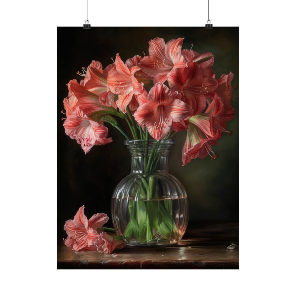 Pink Amaryllis Flowers Ribbed Glass Vase Dark Still Life Art Print - Image 5
