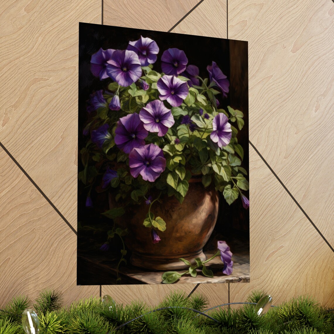 Purple Petunias Copper Pot Dark Moody Floral Still Life Art Poster - Image 2
