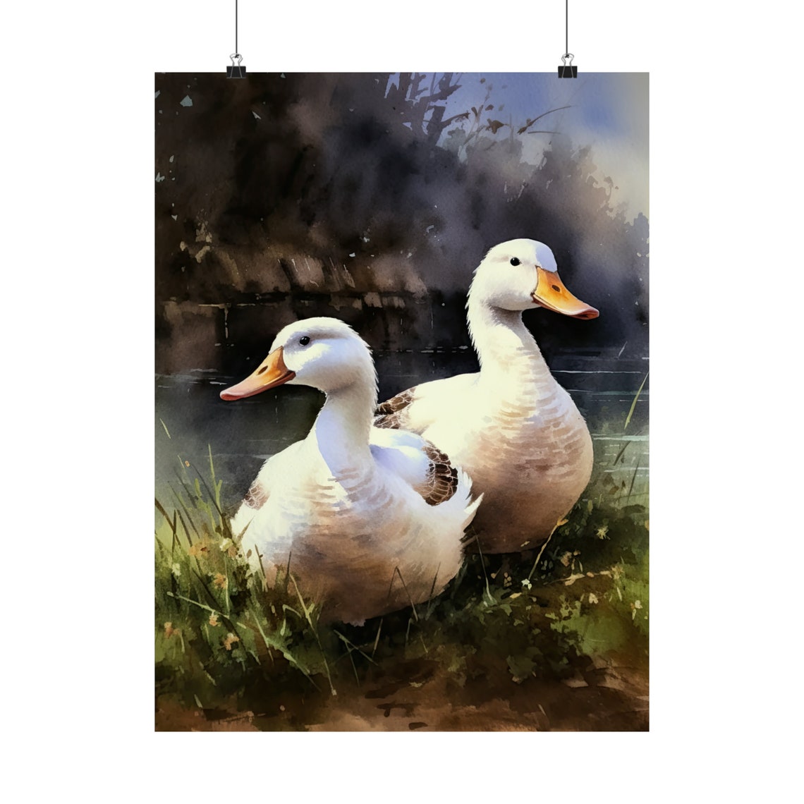 Pair of White Ducks Pond Watercolor Rustic Farmhouse Wall Art Print - Image 5