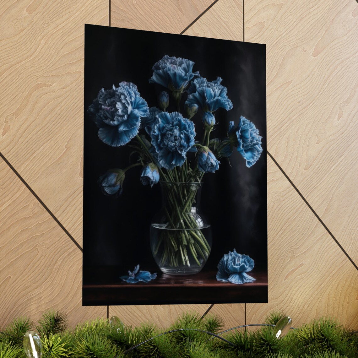 Blue Carnations Round Glass Bowl Soft Misty Dark Floral Art Poster - Image 2