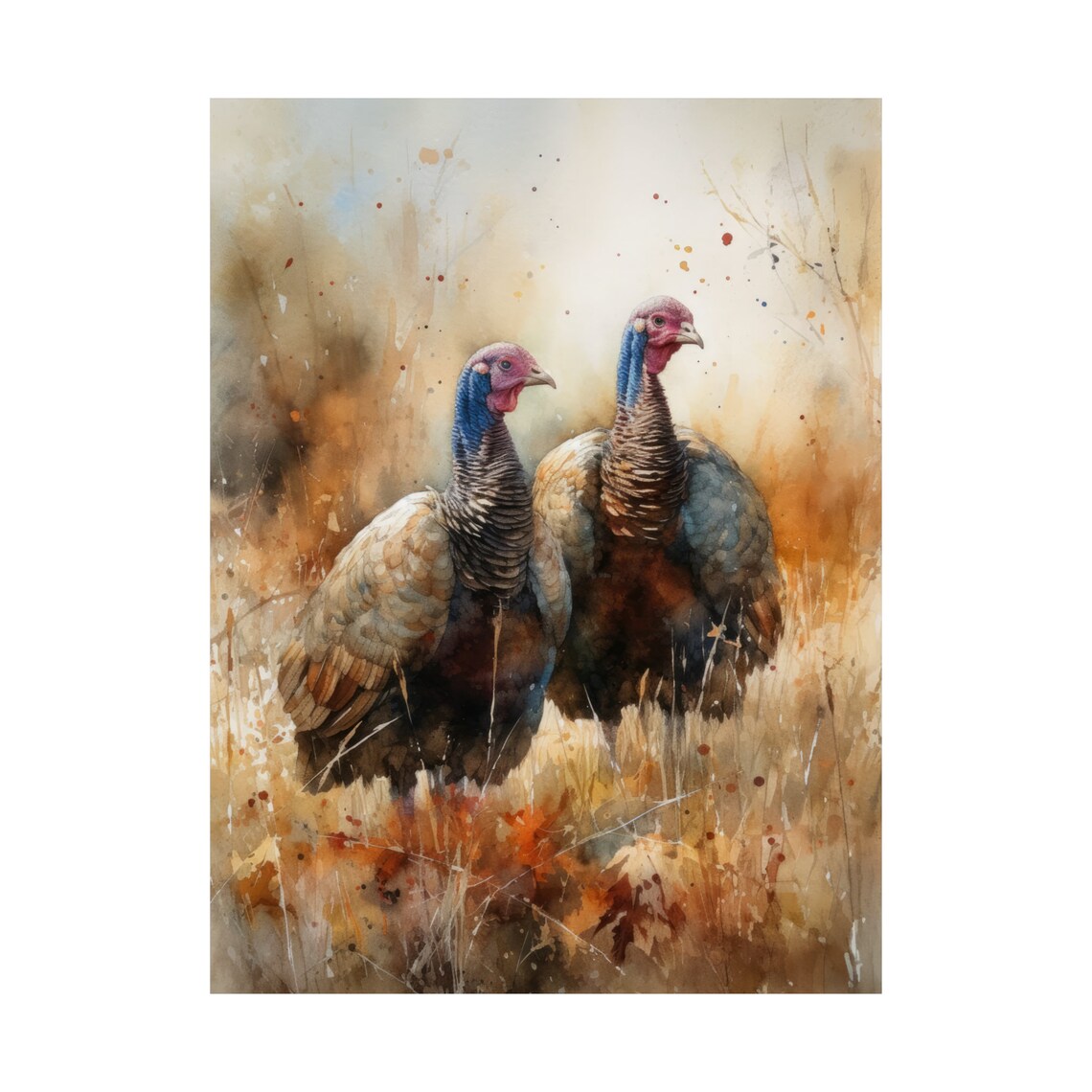 Pair of Wild Turkeys Golden Meadow Watercolor Rustic Wall Art Print - Image 4