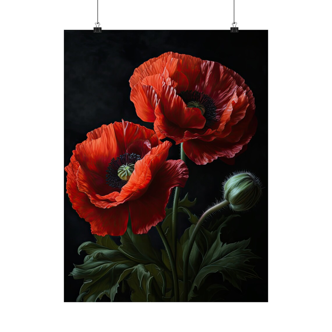 California Poppy Scarlet Blooms Bud Dark Vivid Floral Painting Poster - Image 5