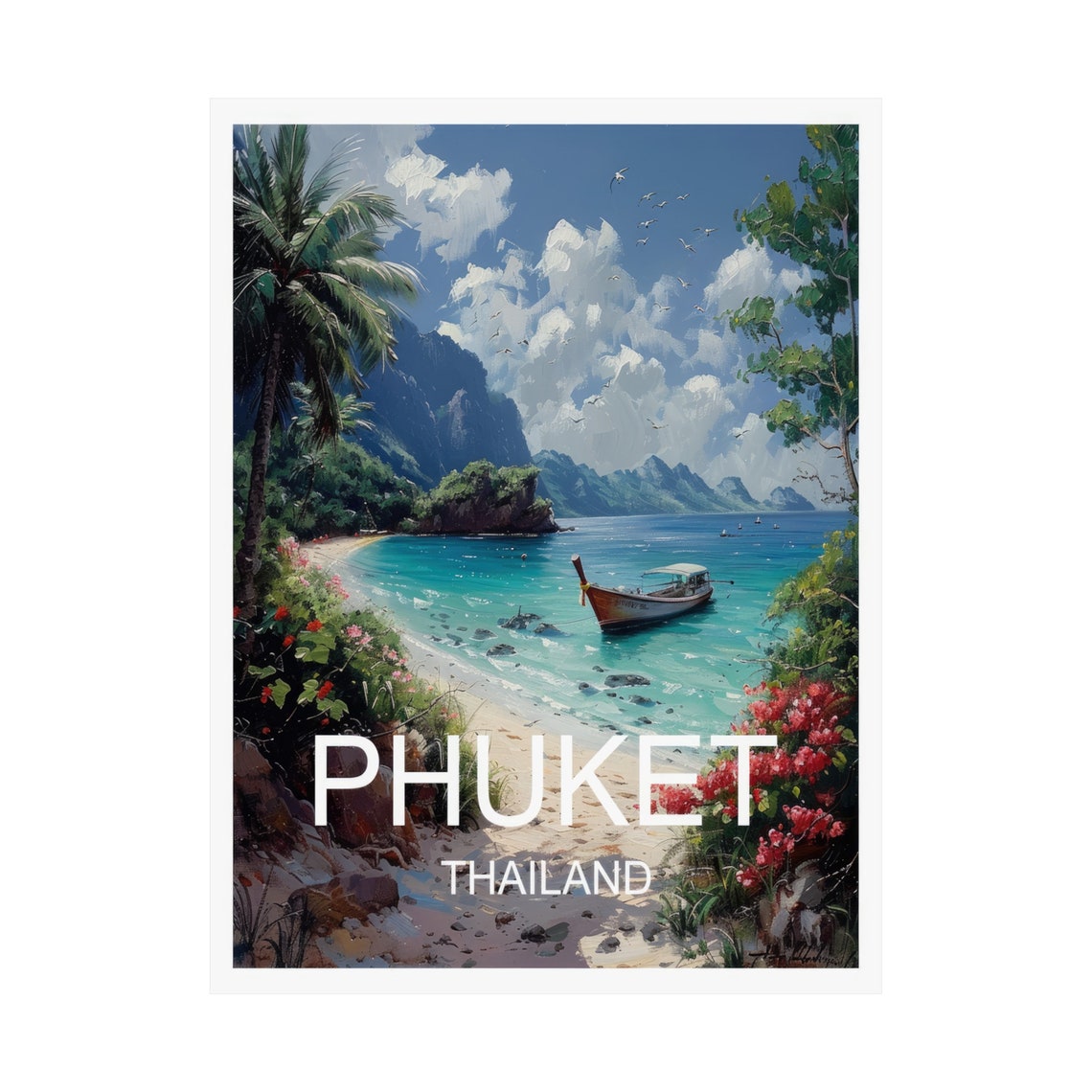 Phuket Thailand Tropical Beach Longtail Boat Cliffs Travel Poster - Image 3