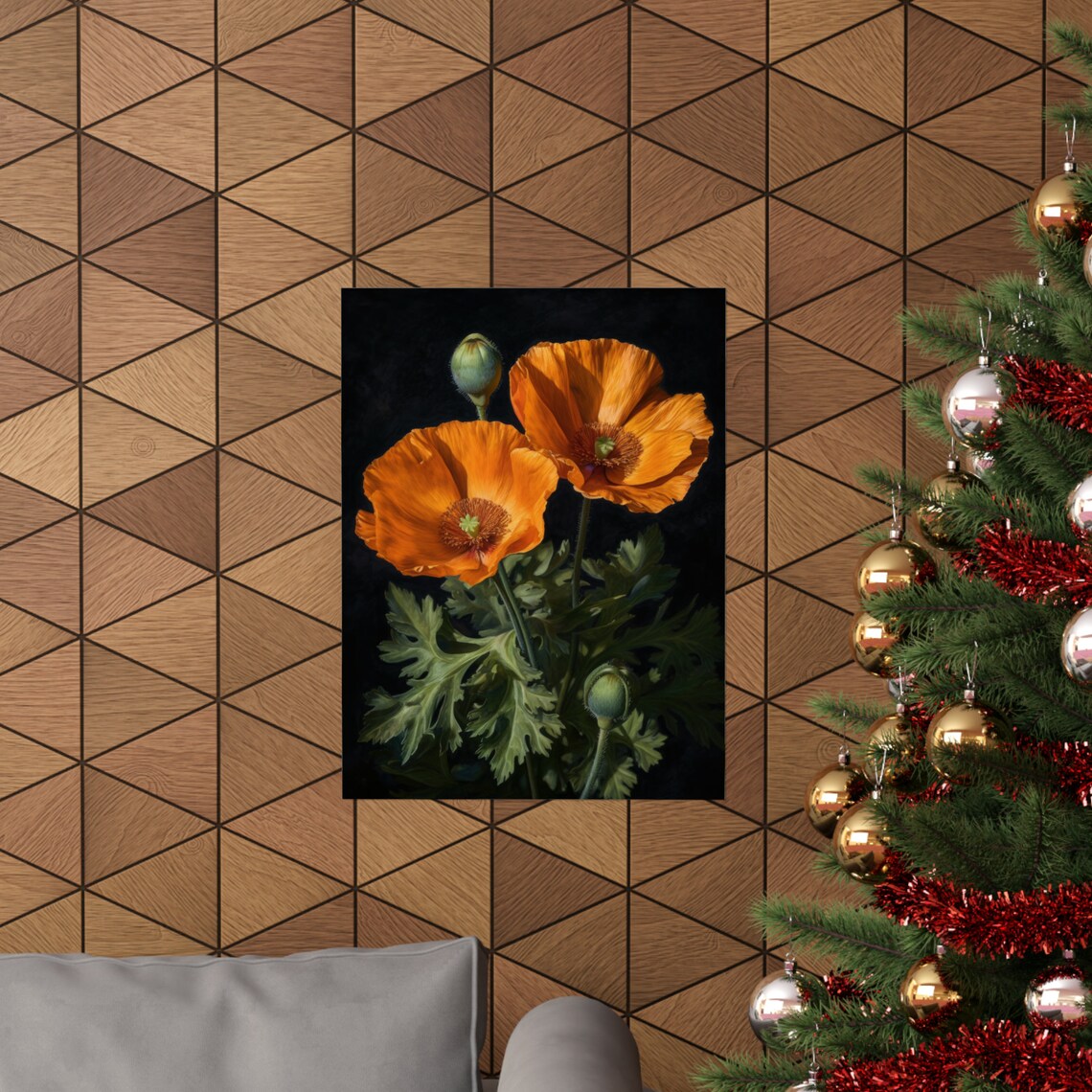 California Poppy Orange Blooms Buds Sunlit Dark Floral Painting Poster - Image 3