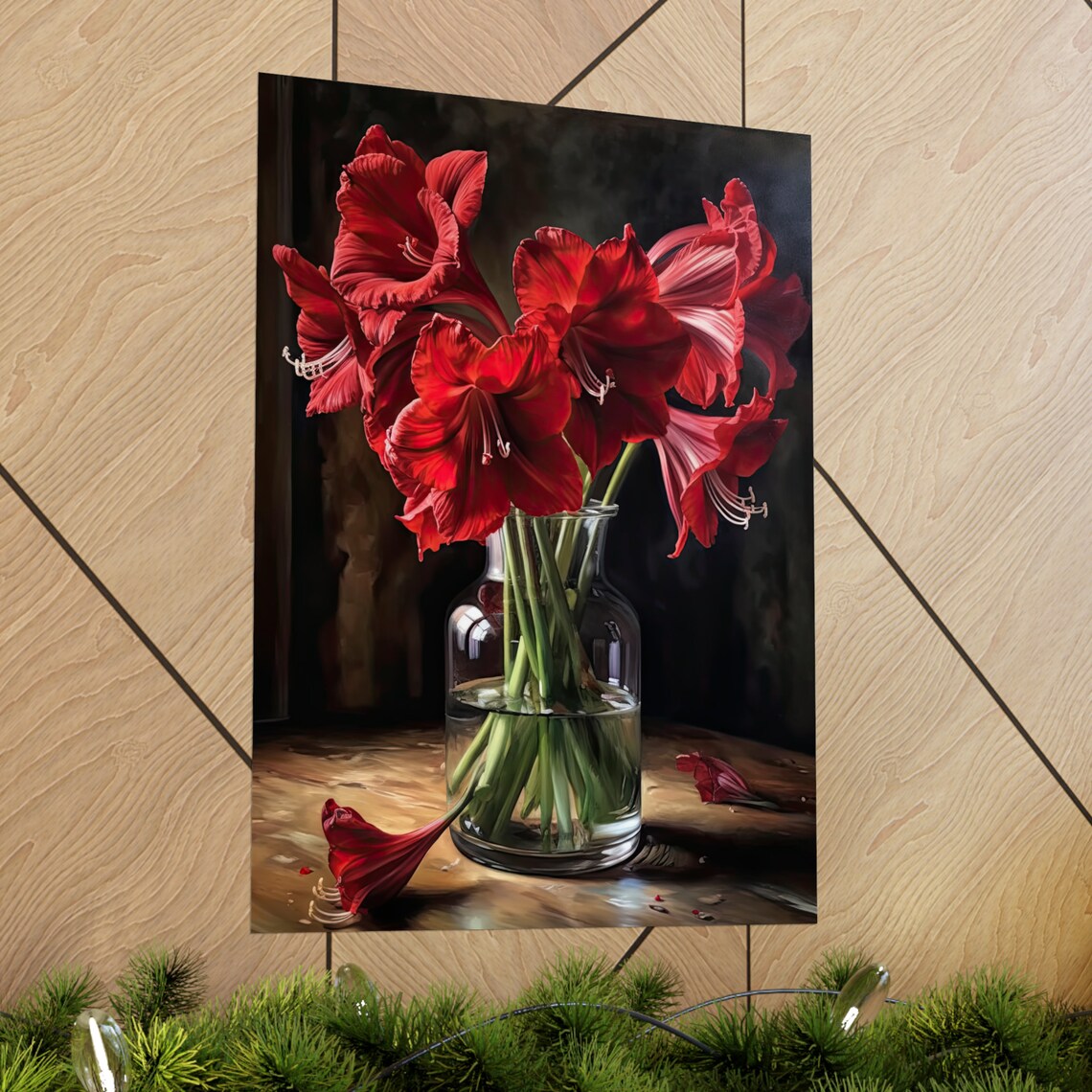Red Amaryllis Bouquet Dark Still Life Wooden Table Flower Art Print - Image 2