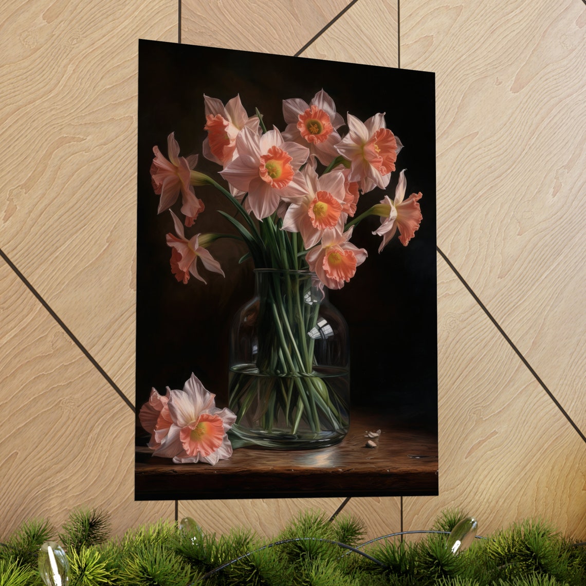 Pink Daffodil Bouquet Soft Blush Stems Glass Vase Still Life Poster - Image 2