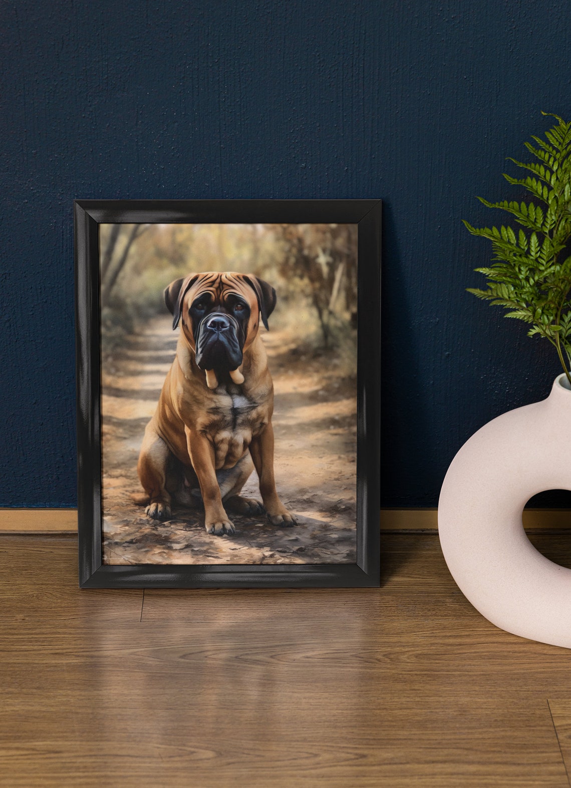 Mastiff Dog Sitting On Sunlit Forest Path Powerful Portrait Art Print
