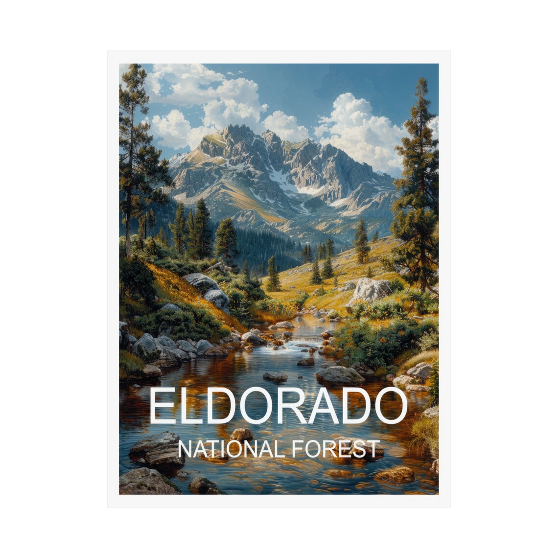 Eldorado National Forest Snow Capped Peaks River Valley Travel Poster - Image 3
