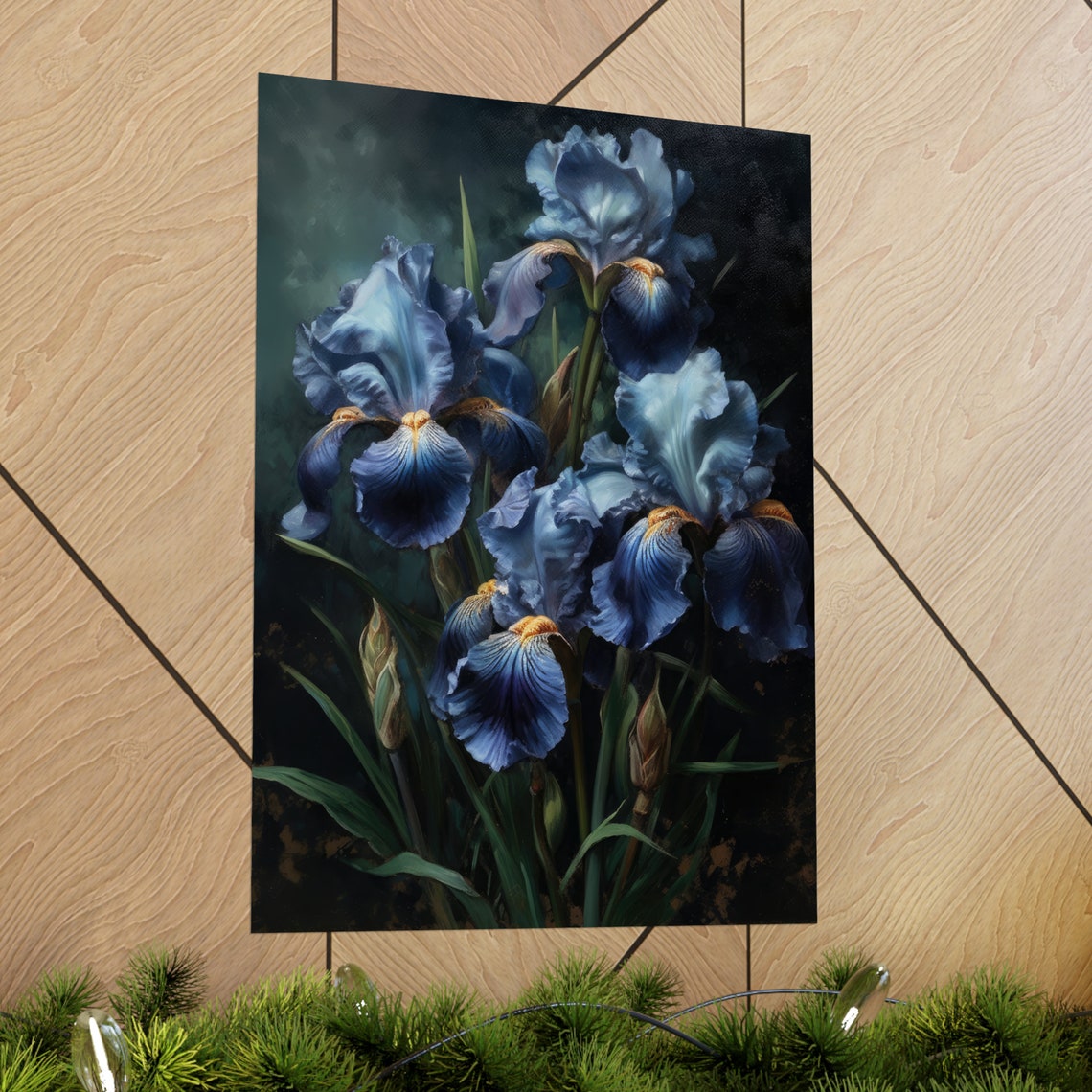 Midnight Blue Iris Blooms Dramatic Dark Botanical Wall Art Print - Image 2