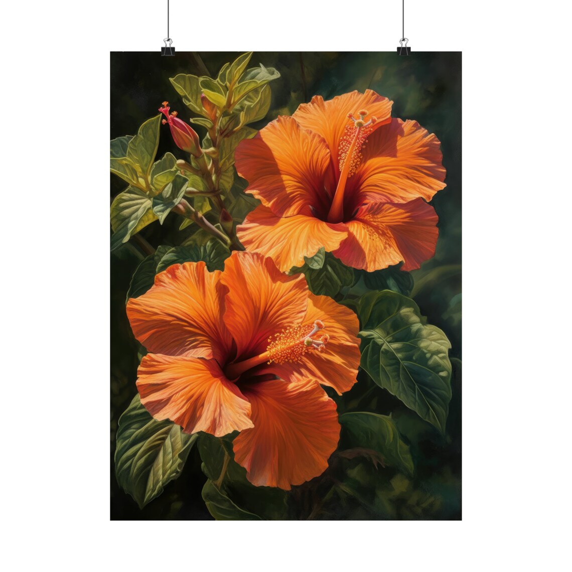 Orange Hibiscus Flowers Dark Tropical Botanical Bloom Art Print - Image 5
