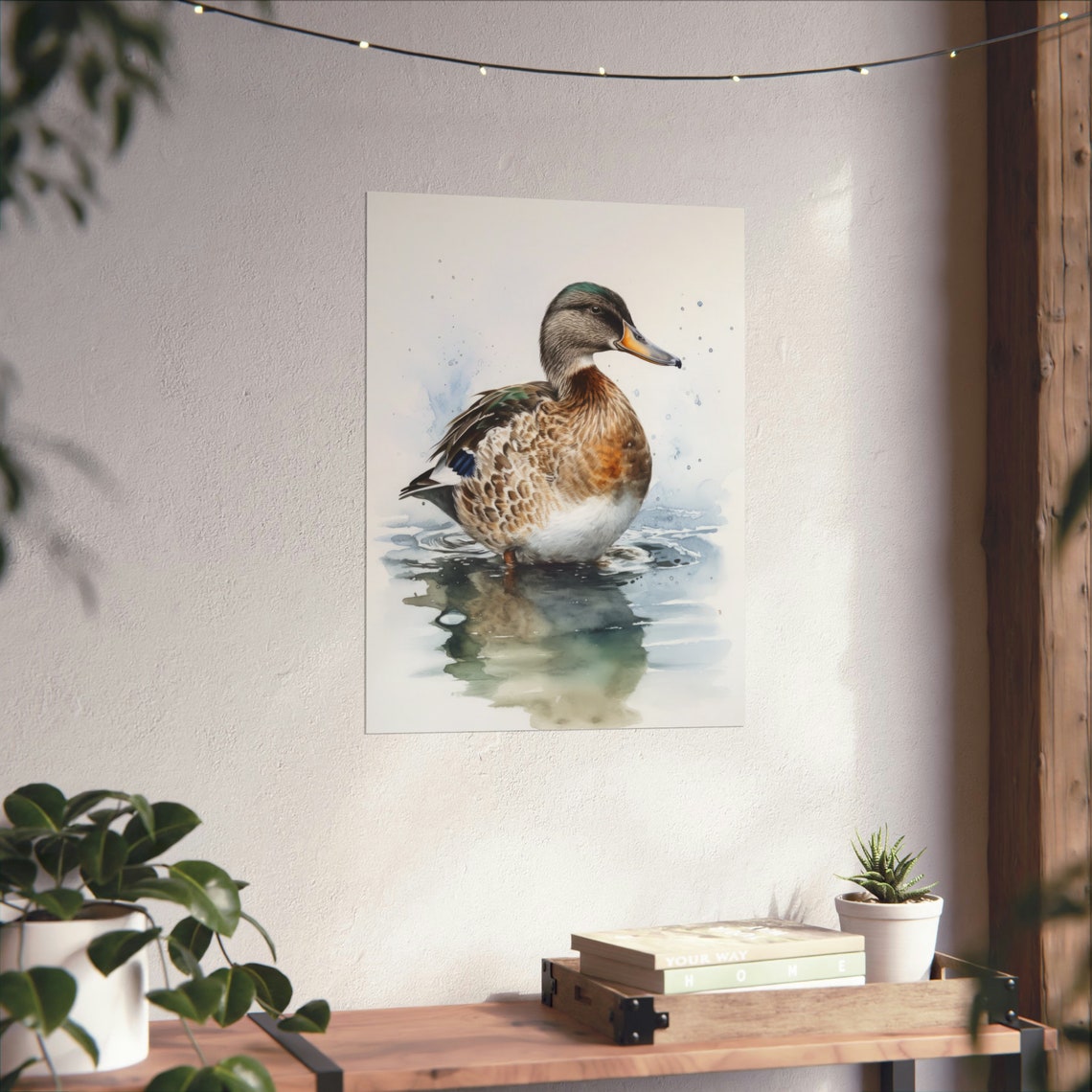 Mallard Duck Watercolor Swimming Pond Reflection Bird Fine Art Poster - Image 2
