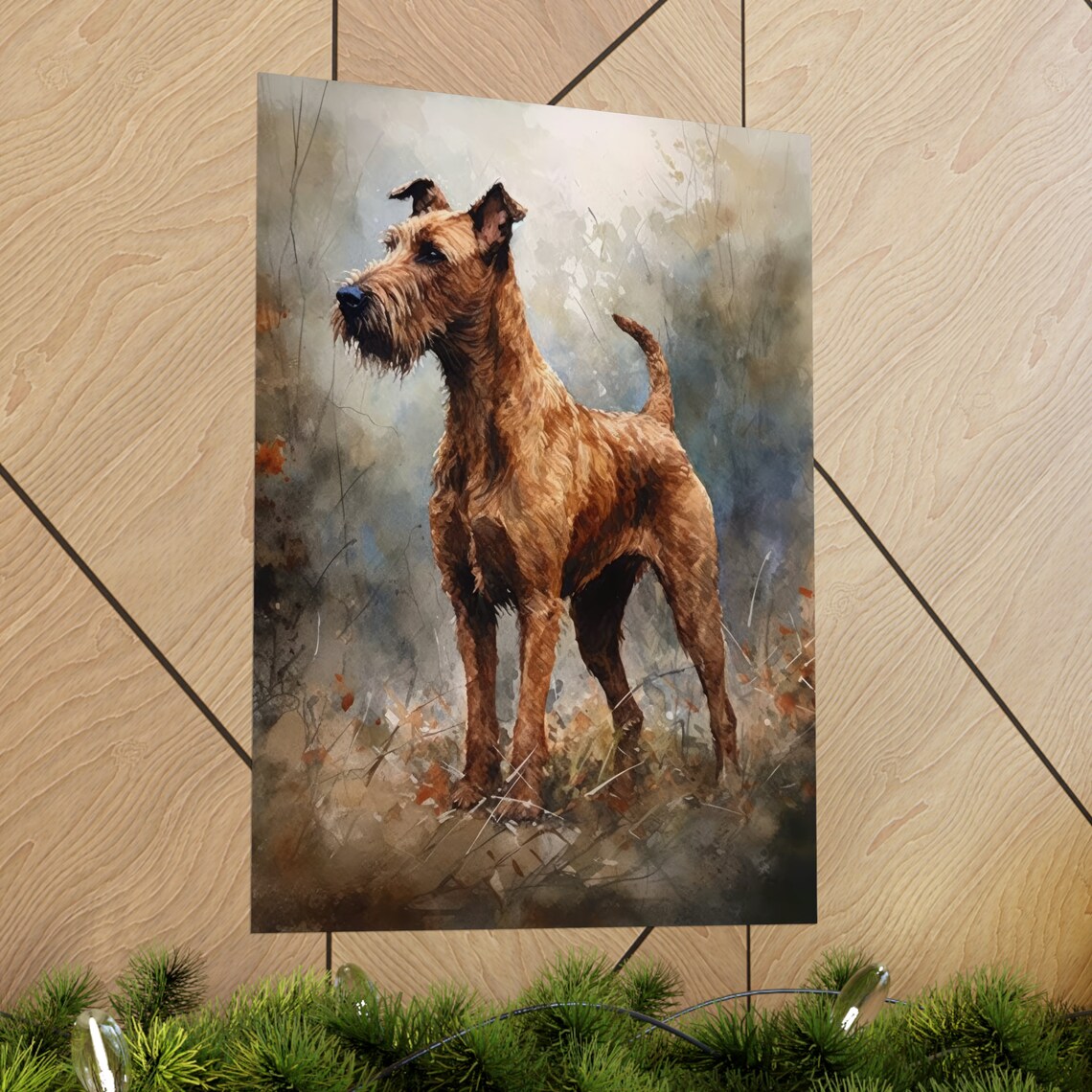 Irish Terrier Standing Alert in Autumn Watercolor Dog Art Print - Image 2