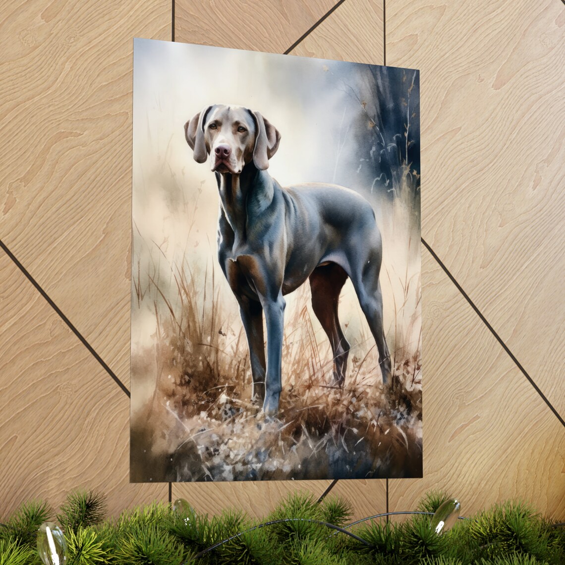 Weimaraner Standing in Tall Golden Grass Watercolor Dog Art Print - Image 2