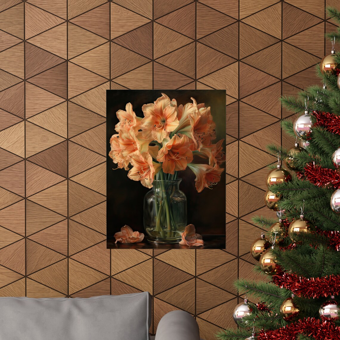 Apricot Amaryllis Blooms Dark Still Life Glass Vase Flower Art Print - Image 3