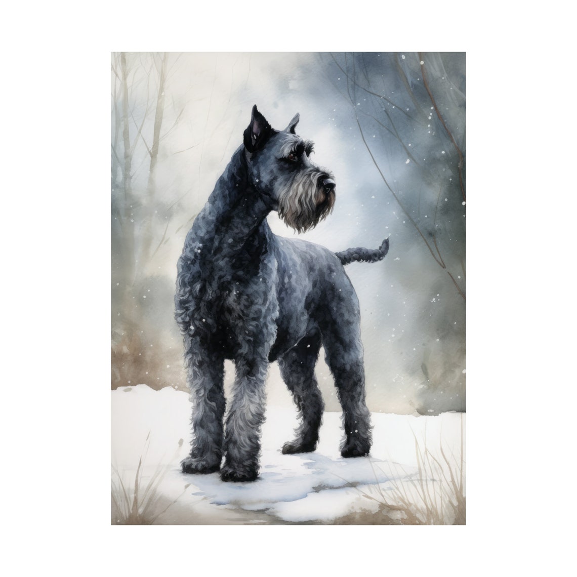 Kerry Blue Terrier Watercolor Portrait Standing In Snowy Forest Poster - Image 4
