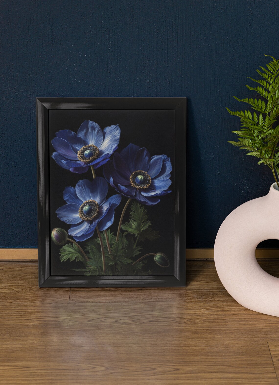 Blue Anemone Flowers Dark Background Moody Botanical Art Poster