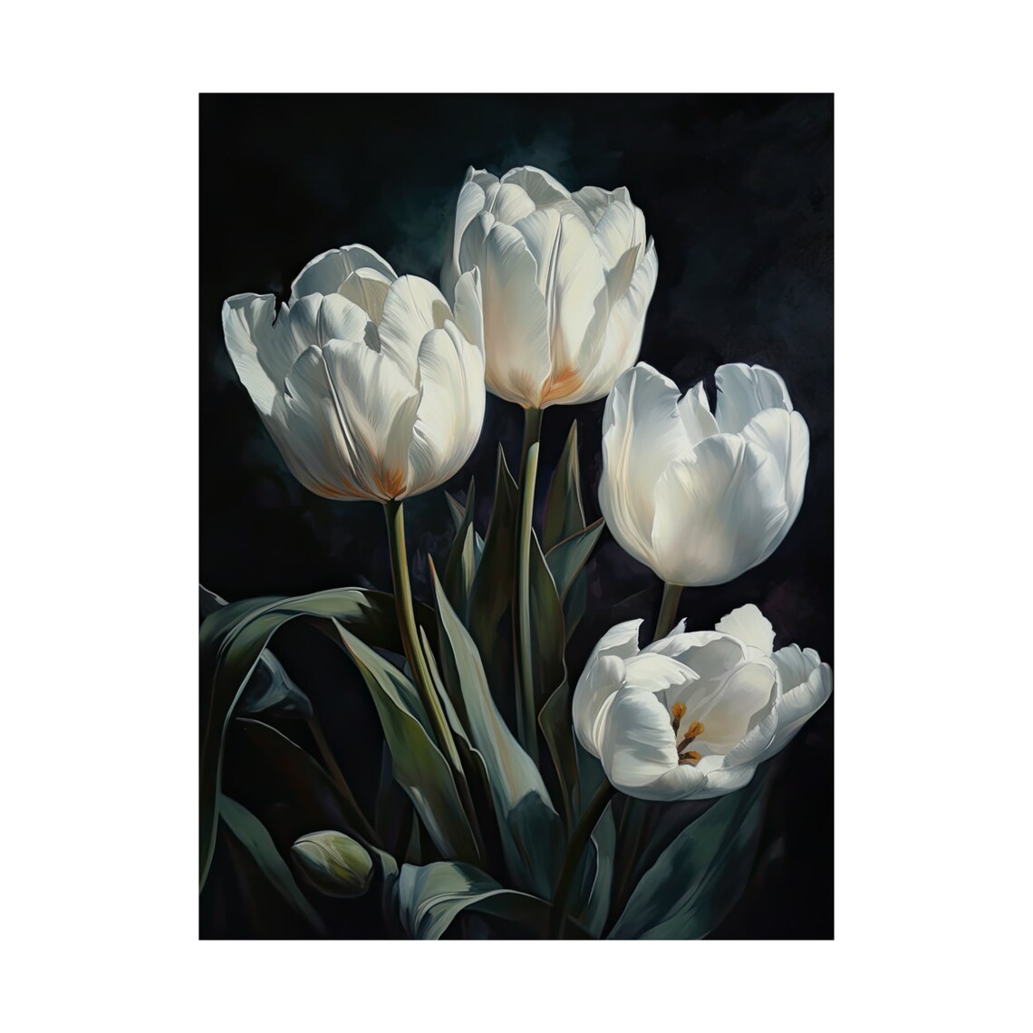 White Tulips Dark Background Elegant Floral Oil Painting Art Print - Image 4