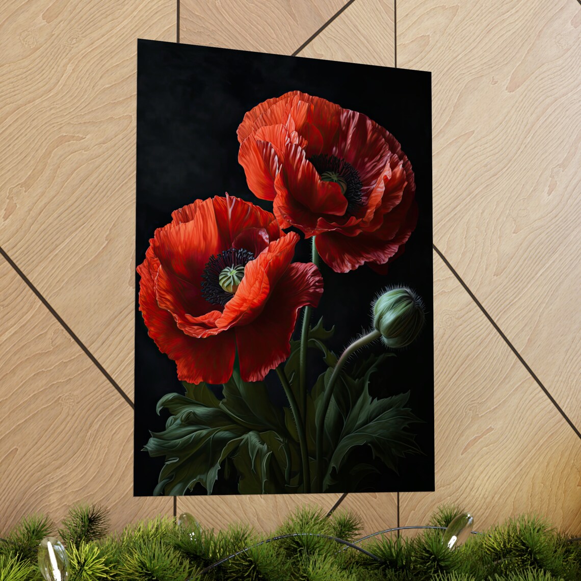 California Poppy Scarlet Blooms Bud Dark Vivid Floral Painting Poster - Image 2