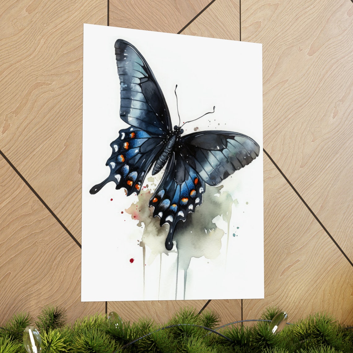 Dark Blue Swallowtail Butterfly Watercolor Spots Drip Painting Poster - Image 2