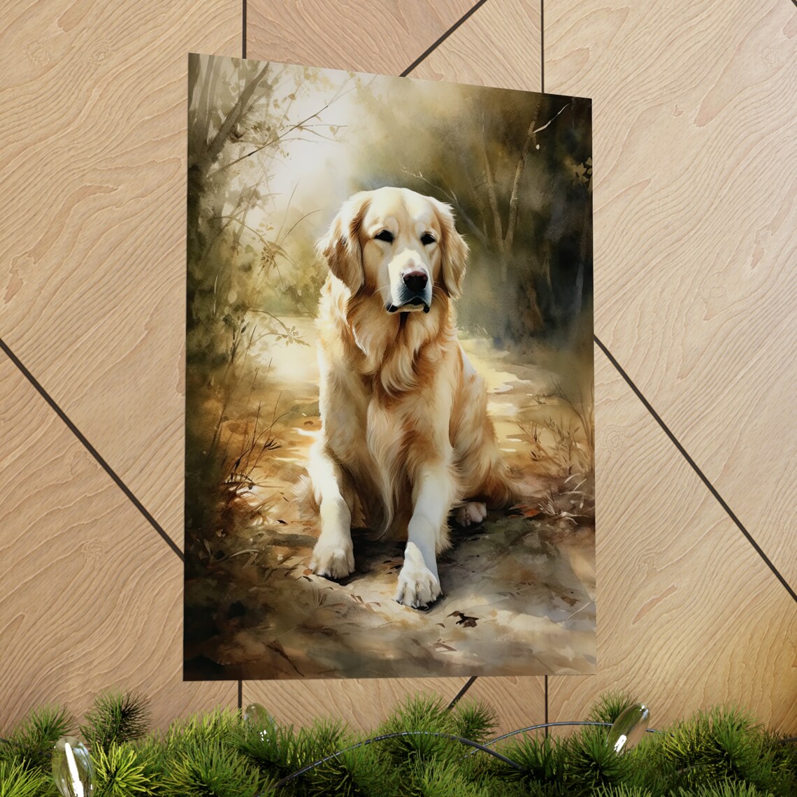 Golden Retriever Sitting Woodland Path Watercolor Dog Art Poster - Image 2